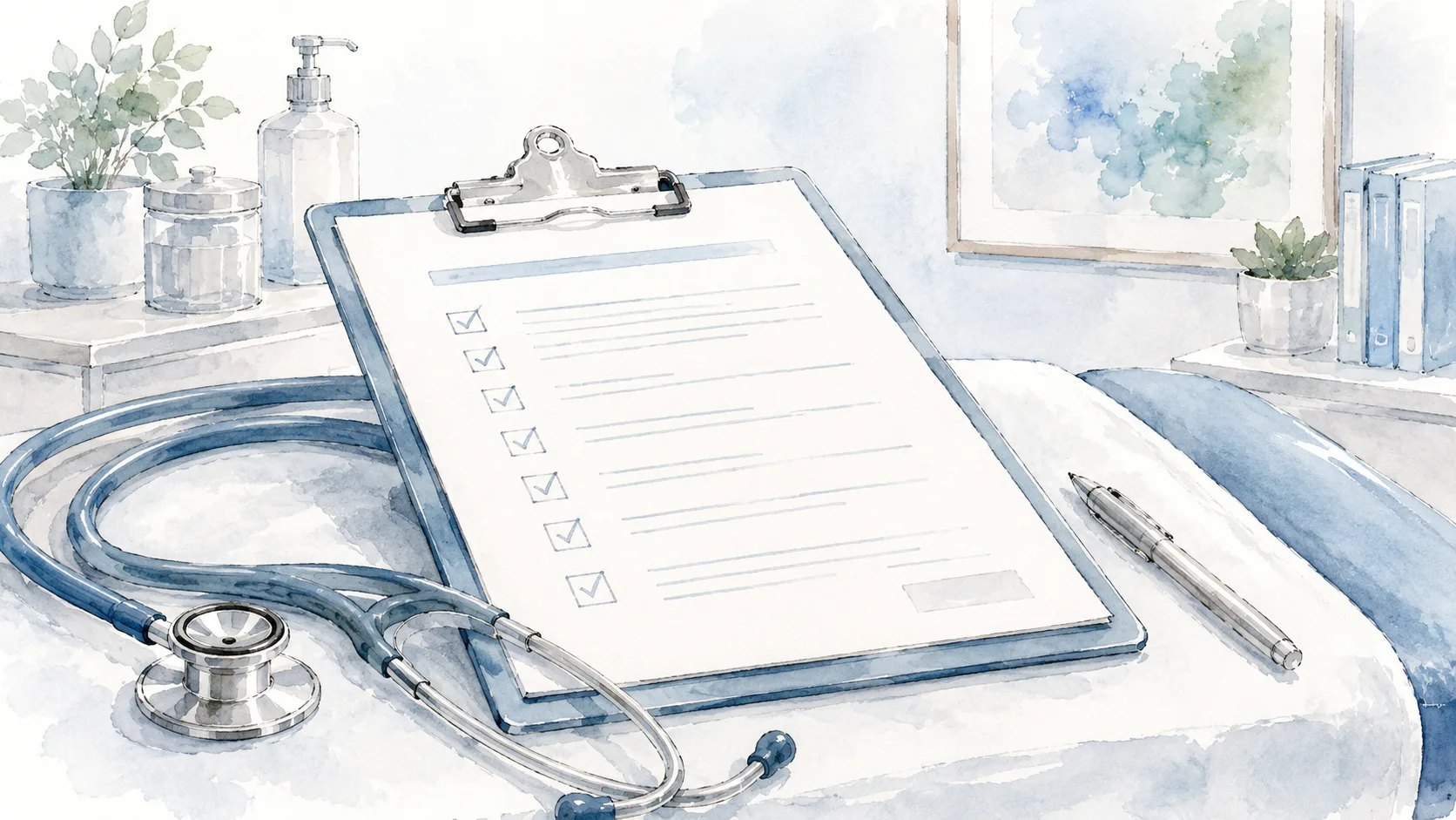 a clipboard with a checklist in a doctor's office