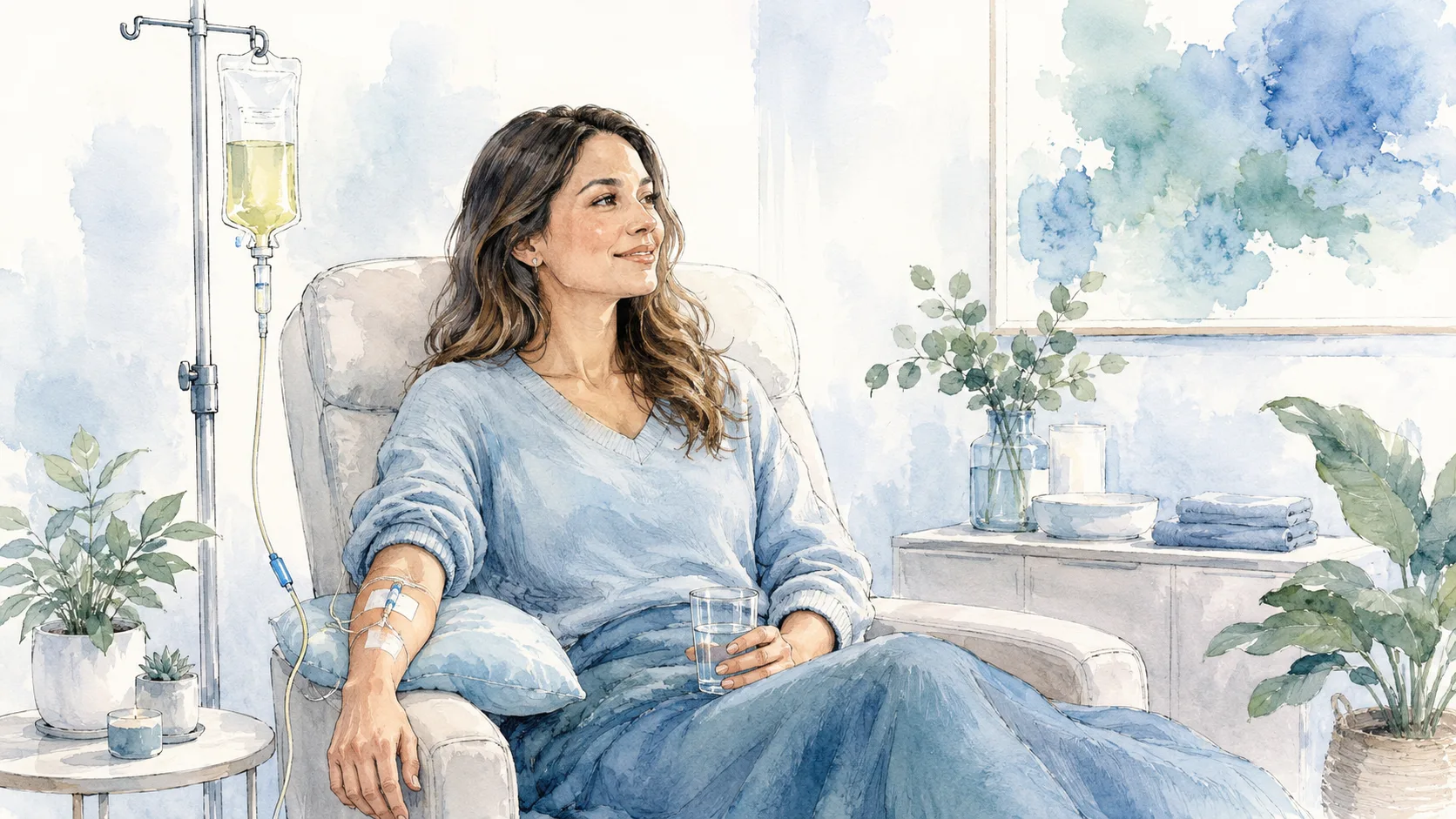 a woman sitting in a chair getting a vitamin iv treatment