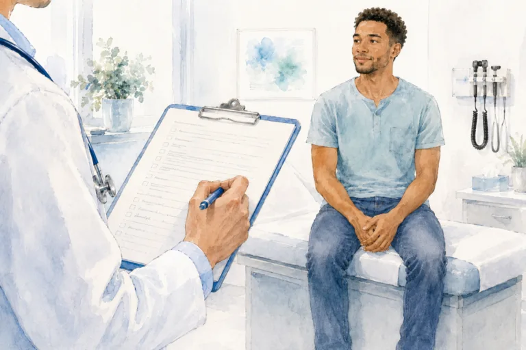a man and a medical examiner in an exam room