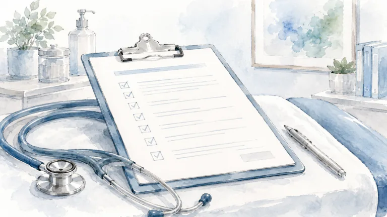 a clipboard with a checklist in a doctor's office