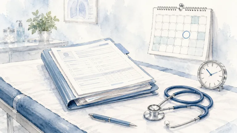a file of medical papers with a calendar in the background