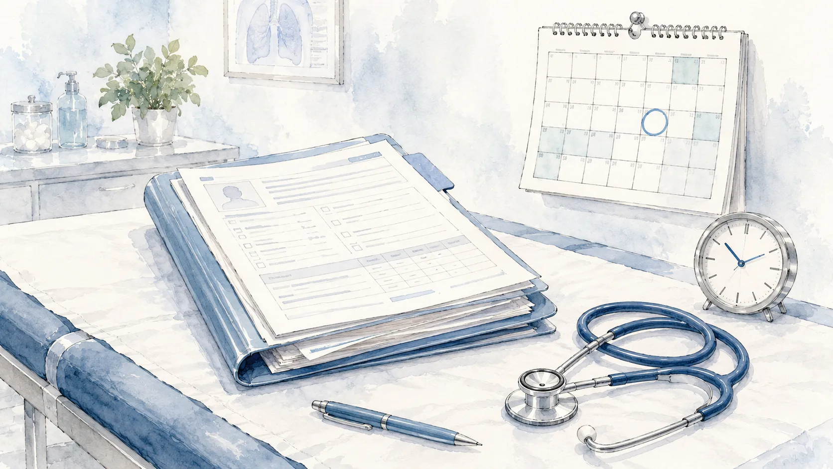 a file of medical papers with a calendar in the background