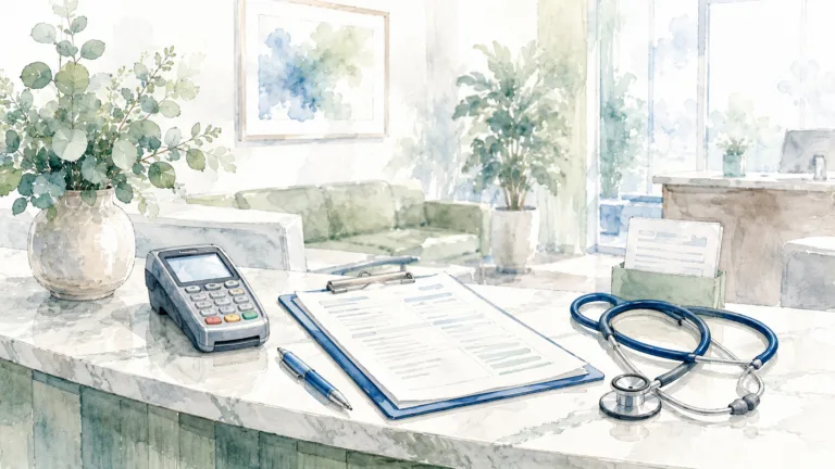 the reception desk at a doctors office with a clipboard and card reader