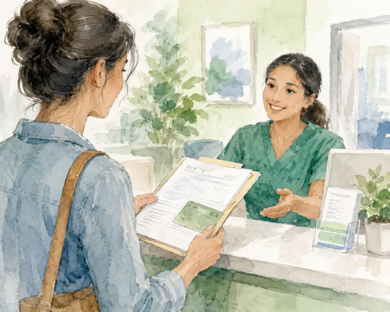 a woman handing paperwork to a doctors office receptionist