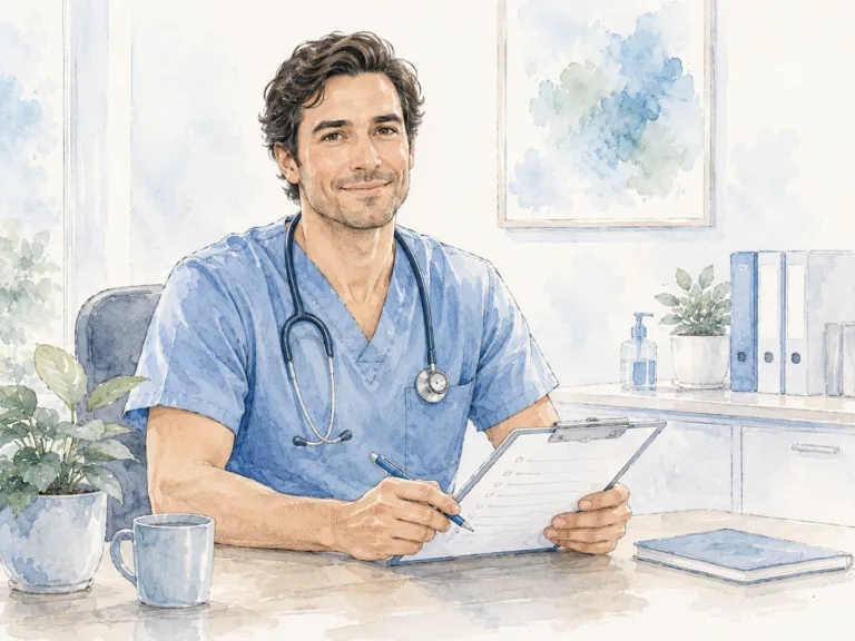 a doctor in scrubs sitting at a desk