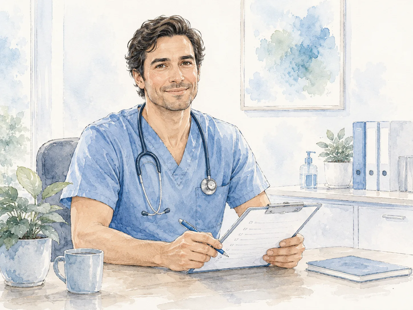 a doctor in scrubs sitting at a desk