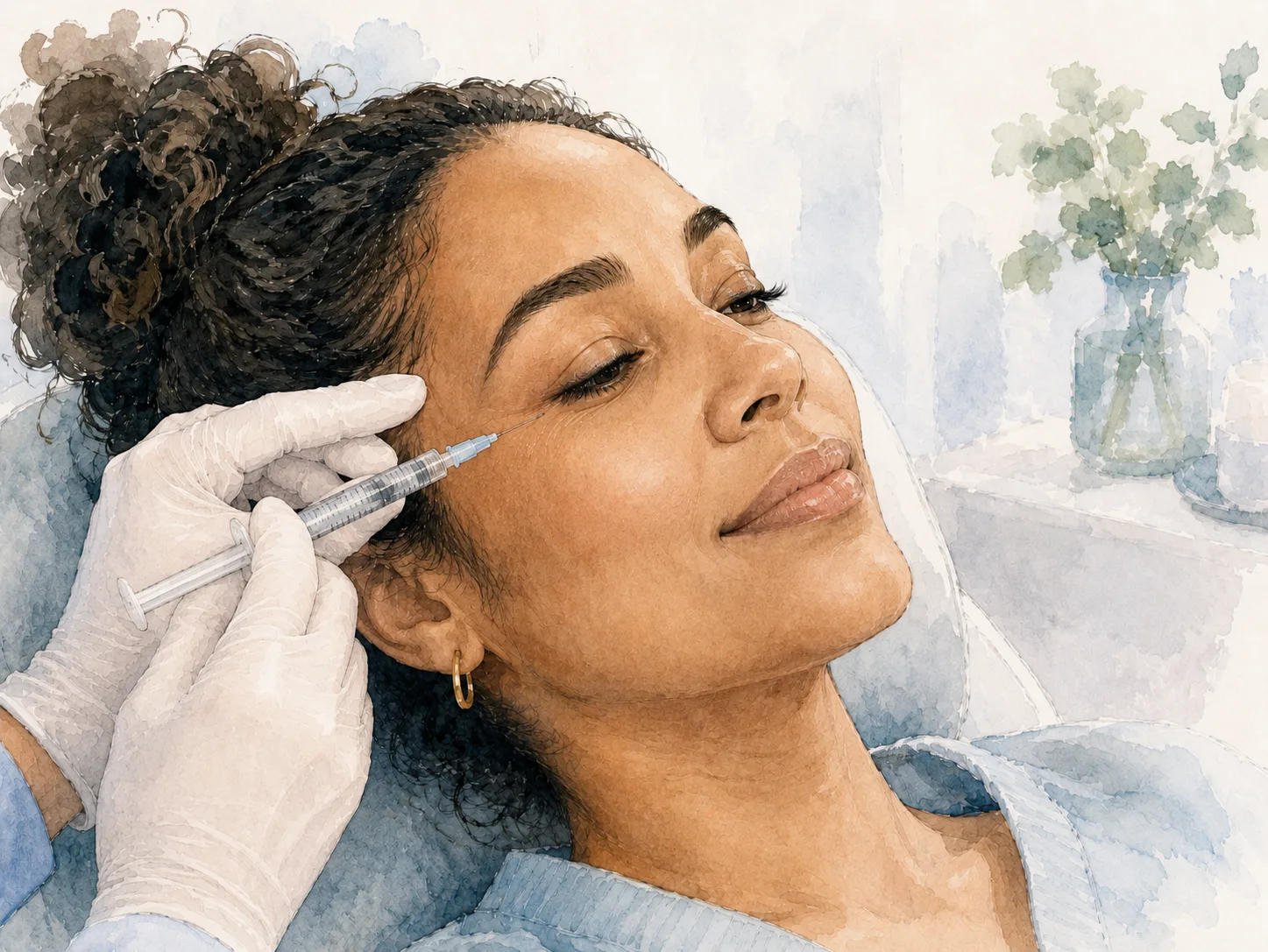 a woman sitting in a doctors office chair getting botox with a serene expression