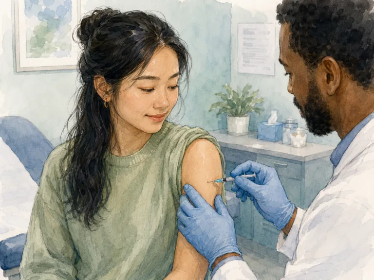 a woman getting a vaccine at the doctors office
